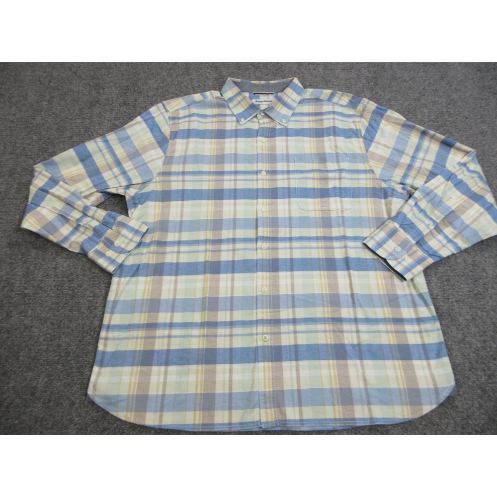Tommy Bahama Shirt Mens XLT Blue Plaid Cotton Spandex Long Sleeve Button Down